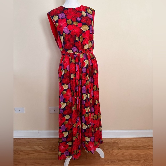 DYVNA Red Green Floral Silk Maxi Dress - Picture 1 of 7